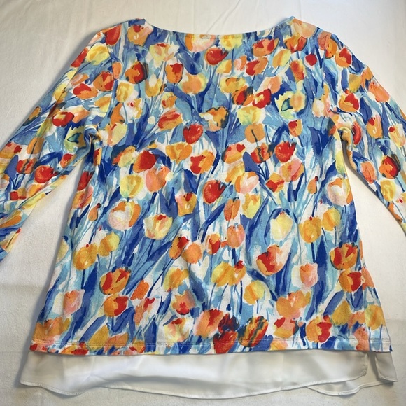 Talbots Tulip Floral Watercolor Artsy 3/4 Sleeve Lightweight Sweater Boatneck M - Picture 6 of 12